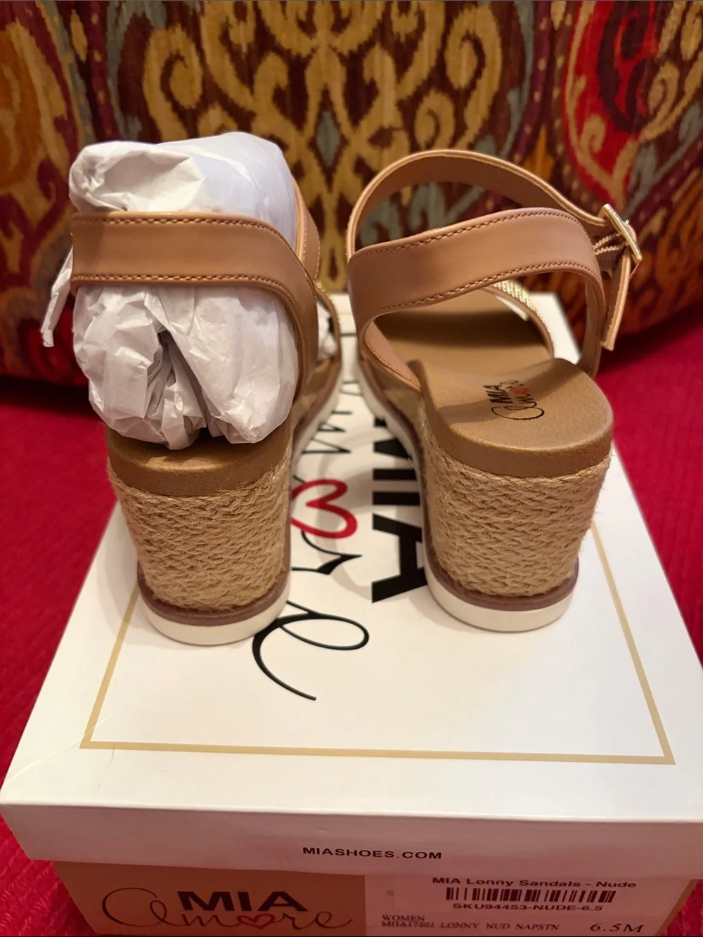 Mi Amore Tan Wedge Sandals with Rhinestone Front Strap